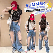 夏季女童套装，亮钻体恤+破洞牛仔裤，长裤亲子