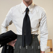 JUESION 长绒棉大尖领修身条纹衬衫男高级感长袖休闲商务扣领衬衣