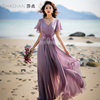 薰衣草紫色连衣裙短袖雪纺，长裙收腰显瘦浪漫法式度假裙海边沙滩裙