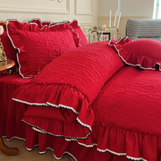 中国红婚庆水洗棉绗缝四件套加厚韩式床裙床盖百褶荷叶边双人被套