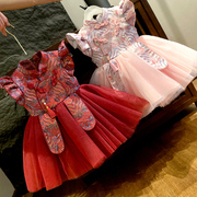 周岁女宝礼服夏季高端抓周红色，国风生日新中式旗袍女童汉服连衣裙
