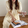 韩国chic春季温柔奶油杏圆领宽松褶皱设计纹理泡泡袖连衣裙长裙女