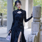 黑色改良旗袍年轻款复古国风舞蹈，练功服性感高开叉(高开叉)后背镂空连衣裙