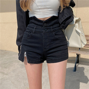 牛仔短裤女夏季薄款韩版高腰，大码胖mm显瘦设计感开叉a字超短热裤