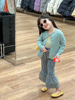 韩国童装20024春季女童套装绿色针织开衫毛衣条纹女宝吊带牛仔裤