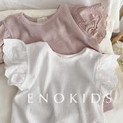 女童蕾丝短袖2024夏季女宝宝纯棉，韩版t恤婴儿童小飞袖上衣半袖