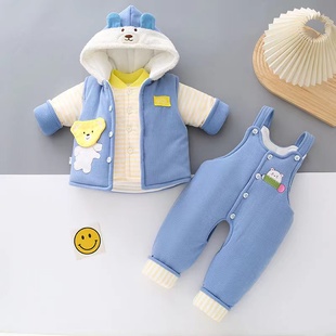 婴儿棉衣冬装加厚三件套0到1岁卡通背带裤，外出棉服宝宝套装棉袄冬