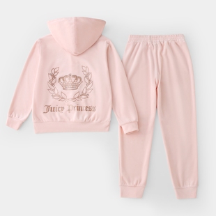 2024春季女童可亲子女孩时尚高级肉粉色天鹅绒套装休闲运动服