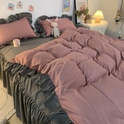 韩版粉色公主风荷叶，花边被套四件套床单，床裙少女心宿舍床上三件套