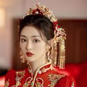 新娘头饰红色复古花朵，流苏发簪古风中式结婚凤冠霞帔秀禾头饰
