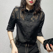 黑色衬衫女2024春季洋气镂空复古中国风盘扣，上衣立领长袖衬衣