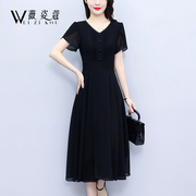 黑色连衣裙2024女夏气质高级感修身显瘦端庄大气雪纺中长裙子