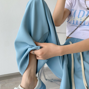 冰丝阔腿裤女夏季薄款2022高腰垂感设计感蓝色休闲雪纺拖地裤