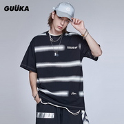 guuka潮牌条纹短袖t恤男夏季青少年嘻哈logo印花纯棉运动t恤宽松