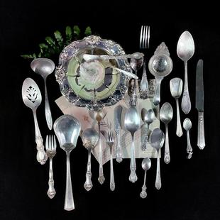 4月欧洲vintage中古餐叉勺甜品勺，美食摄影摆件复古法式装饰镀银e
