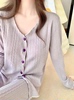 小香风紫色纯棉无领睡衣女春季2024带胸垫一体长袖套装家居服