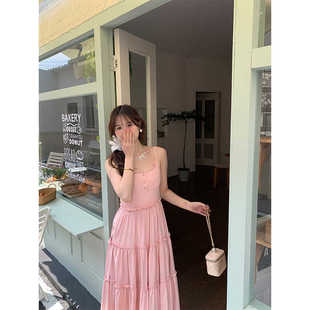 小个子粉色吊带裙女夏季甜美温，柔风连衣裙气质仙，女裙高腰显瘦长裙