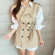 韩国洋气减龄两件套女2021春秋，衬衫双排扣风衣马甲小个子气质套装