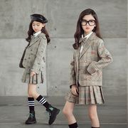 2020秋冬女童西装套装韩版洋气纯色衬衫儿童格子百褶裙英伦三件套