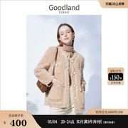 Goodland美地女装冬季时尚V领口袋拼接保暖短款羊剪毛呢外套