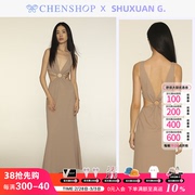 SHUXUAN G.圆环深V款裸色连衣裙纯色长裙性感CHENSHOP设计师品牌