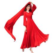大红色雪纺沙滩裙超长款春季连衣裙，海边度假长袖大摆超仙长裙