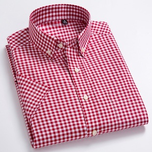 纯棉小红格子衬衫男短袖，休闲韩版夏季日系男士，半袖方格纹衬衣寸潮