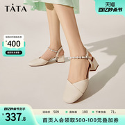 Tata他她牛皮后空凉鞋女鞋通勤粗跟时装凉鞋2023春季YBXA1AH3