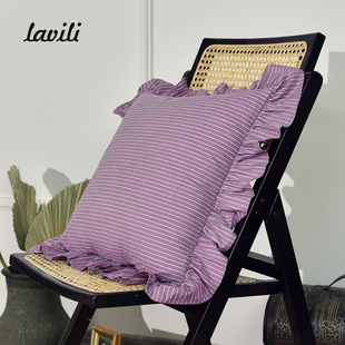 Lavili外贸乡村田园紫色条纹抱枕套纯棉美式荷叶边客厅沙发靠垫
