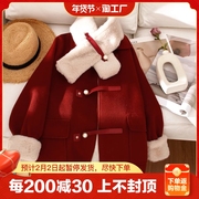 红色毛呢外套女2023冬季加绒派克棉服圣诞节呢大衣女大口国风