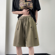 军绿色短裤男夏季设计感破洞运动裤vibe风美式复古潮牌五分裤
