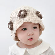 女宝宝帽子秋冬款韩版手工花朵毛线渔夫帽婴儿洋气可爱女童针织帽