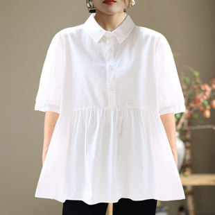 大码衬衫女胖mm200斤短袖2022夏装，纯棉遮肚子孕妇，职业白衬衣(白衬衣)