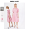 Basic House/百家好粉色连衣裙女2024夏季设计感收腰V领长裙