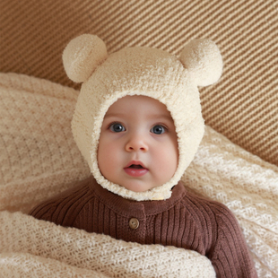 婴儿帽子秋冬季宝宝毛线帽儿童，护耳帽珊瑚，绒可爱针织男童女童冬款