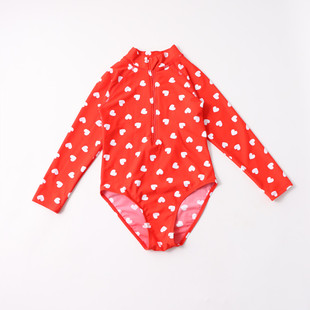 出口外单可爱爱心女童连体泳衣红色长袖拉链款防晒UPF50+儿童泳衣