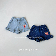 peachpie韩国童装，2024夏女孩儿童樱桃徽章木，耳边波点牛仔短裤