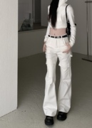 美式白色工装牛仔裤女秋冬季低腰显瘦直筒阔腿长裤小个子休闲裤子