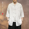 中国风男装夏季亚麻衬衫短袖中式唐装茶服七分袖衬衣立领盘扣复古