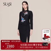 SUSSI/古色24春商场同款黑色高级感刺绣长袖连衣裙女