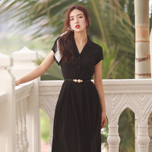 juju定制夏季短袖小黑裙，收腰显瘦v领西装，连衣裙法式复古裙女