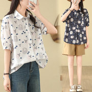 2024夏季韩版大码卡通印花减龄显瘦衬衫女士宽松时尚短袖上衣