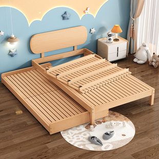 实木儿童床拖拉床子母床带拖床双人榉木床一拖二床移动下床可