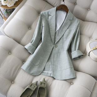 日式夏季西装女薄款外套小个子，抹茶绿西服，清新百搭七分袖上衣