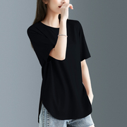 黑色不规则莫代尔棉短袖t恤女夏季纯色宽松大码设计感小众体恤衫