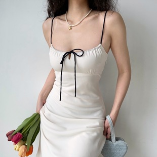 gogirlgo自制欧美绑带，白色吊带裙女收腰，a字裙中长款包臀连衣裙