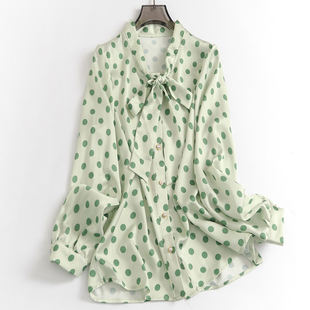 绿色波点立领蝴蝶结系带法式减龄泡泡袖春季长袖女装衬衫N845