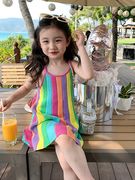 夏季女童儿童宝宝公主裙彩虹，裙吊带无袖小女孩，海边裙洋气连衣长裙