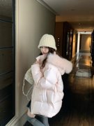 粉色大毛领羽绒棉服外套，女冬季韩系甜美休闲百搭加厚保暖棉袄
