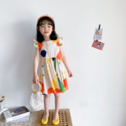 豆包君2022夏季韩版女童几何图案连衣裙宝宝洋气小飞袖娃娃A字裙